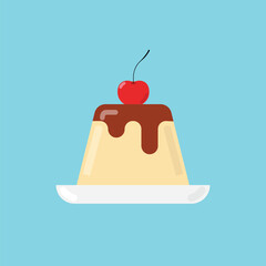 Pudding topped with cherry on plate icon. Fresh dessert illustration of a piece of caramel pudding topped with cherry.