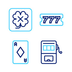 Fototapeta premium Set line Slot machine, Playing card with diamonds, Lottery ticket and Casino slot icon. Vector