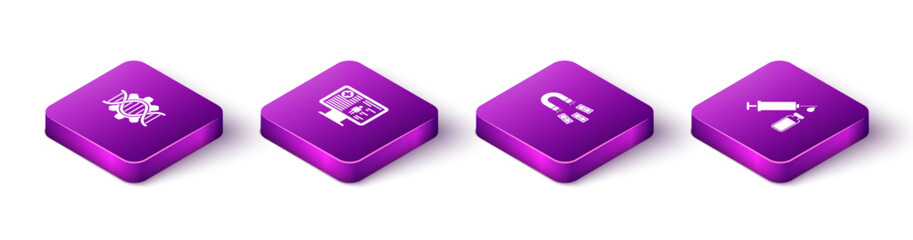 Set Isometric Genetic engineering, Clinical record on monitor, Magnet with money and Medical syringe and vial icon. Vector
