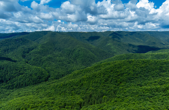 landscape with green forested hills of the Carpathian mountains seen from above © sebi_2569