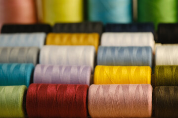 pink, orange, yellow, red, brown, green, blue, lilac, white sewing thread on spools, natural,...