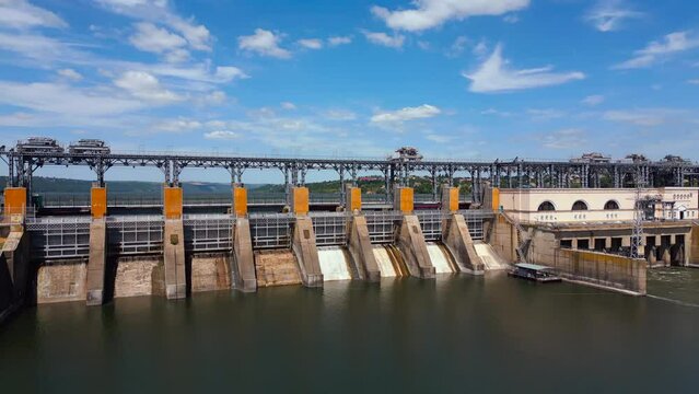 Aerial drone view of hydropower electricity plant on Nistru river in Moldova