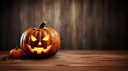 Scary pumpkin head jack lantern with evil grin for Halloween on wooden house background