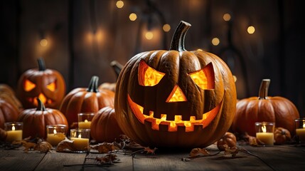 Scary pumpkin head jack lantern with evil grin and candle for Halloween on wooden house background