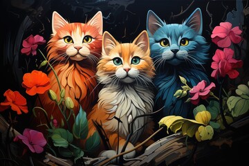 abstract picture for interior design, colorful cats on dark background . AI Generated