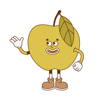 The hand-drawn retro character of an apple. Vector illustration in trendy retro cartoon style. 