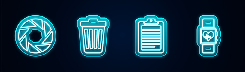 Set line Camera shutter, Trash can, Clipboard with document and Smart watch heart beat rate. Glowing neon icon. Vector