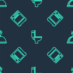 Set line Toilet bowl, Oven and Covered with tray of food on seamless pattern. Vector