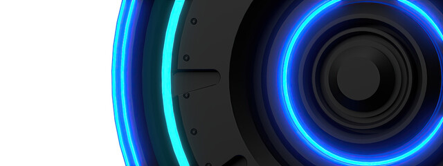 A cyberpunk circular isolated with a glowing blue and black elegant and modern 3D rendering image