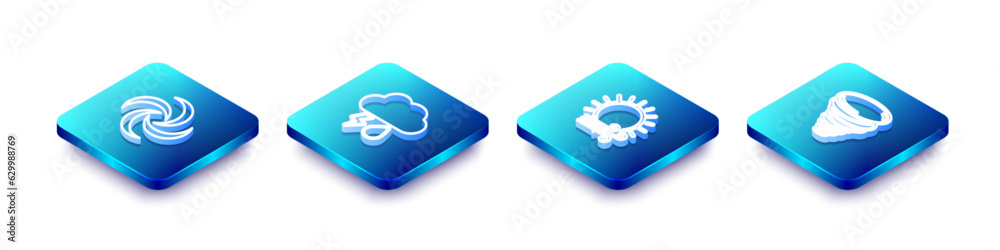 Wall mural Set Isometric line Tornado, Cloud with rain and lightning, Wind sun and icon. Vector