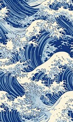 Ocean or Sea wave pattern in Japanese woodblock style.  Seamless pattern.   - obrazy, fototapety, plakaty