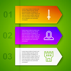 Set line Medieval sword, hood, Castle tower and Shield. Business infographic template. Vector