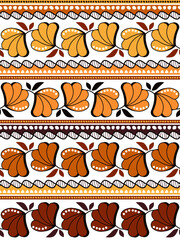 African wax or Ankara vector seamless pattern, Batic textile design with flowers in yellow, orange, red and brown
