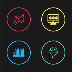Set line Pie chart infographic, Sales funnel with gear, Monitor password and icon. Vector