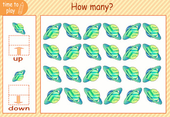 Naklejka premium children's educational game, tasks. calculate how many elements will be placed on the right and how many on the left. whitespace. rockets. robot