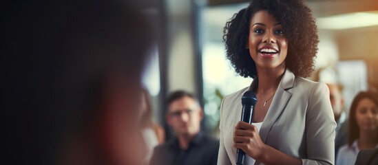 african american woman hand hold microphone asking opinion express speech in seninar conference room close up business concept,ai generate
