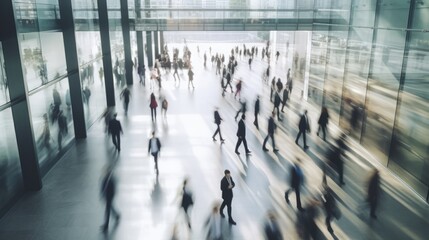 Business people in corridor of office building rush houre in modern office corridor with people walking busy and motion movement,ai generate