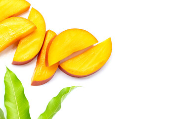 Mango fruit slices on white background.