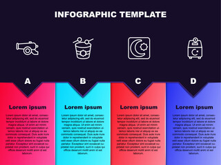 Set line Ramadan cannon, drum, Star and crescent and Donate or pay your zakat. Business infographic template. Vector