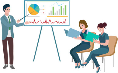 Office workers. Vector illustration. A business person builds strong relationships with clients and partners The office workplace encourages open communication business presentation Teamwork enhances