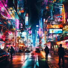 Abstract city night time. Generative AI. City Street at Night: People Walking Under Streetlights, Asian style night time city, the warm glow of streetlights. HongKong, Tokyo, South Korea, Bestseller  - obrazy, fototapety, plakaty
