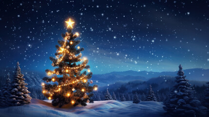 Christmas tree on snow mountain background. Generative ai.
