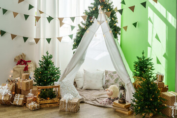 Christmas interior of a children's room with teepee © fotofabrika
