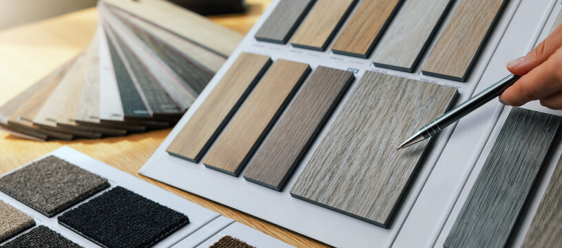 Designer Showing Furniture And Flooring Material Samples For Interior Design. Banner With Copy Space