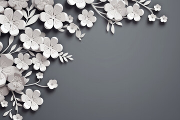Paper cut decor with blooming white 3d flowers in left corner on dark background. Abstract hand craft floral composition
