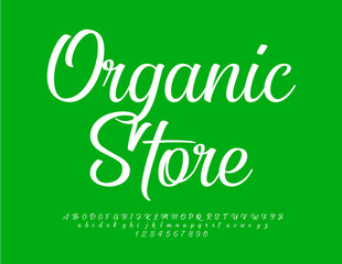 Vector business logo Organic Store with White cursive Font. Elegant Alphabet Letters and Numbers set