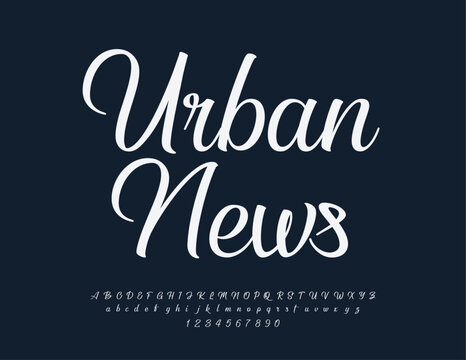Vector template sign Urban News. Elegant white Font. Cursive set of Alphabet Letters and Numbers