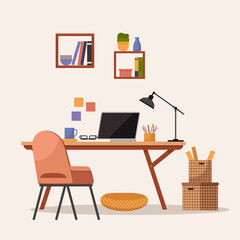 Home office. Interior vector illustration. Work from home. Office building Workspace was organized and clutter-free, promoting productivity Office space reflects professionalism and dedicated work