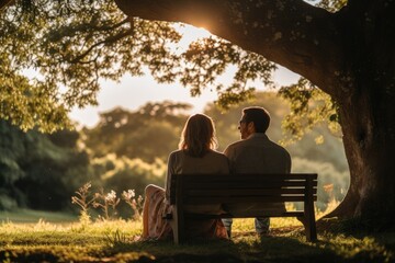 couple sitting on a bench at sunset - Powered by Adobe