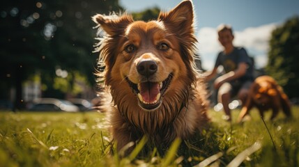 Fototapeta premium Family day with a dog in the park - Illustration Created with generative ai