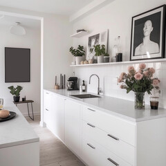 Kitchen room home background. White interior mock up. Ai generated