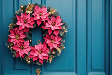 Fototapeta na wymiar Pink Christmas wreaths with poinsettias on the front door
