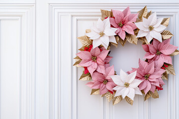 Pink Christmas wreaths with poinsettias on the front door