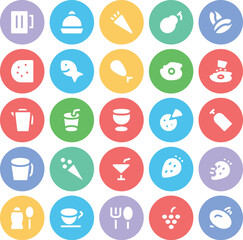 Set of Drinks and Foods Flat Circular Icons 


