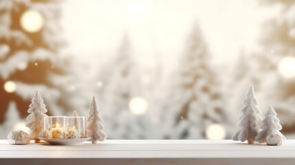 Festive Christmas Mockup Banner Empty White Table Top with Warm Living Room Decor and Snow Holiday Background