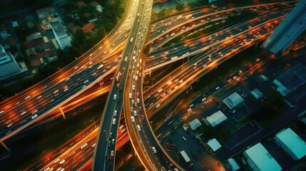 Fototapeta na wymiar Aerial view of car traffic on multi lane highways or expressways, traffic in roundabouts is part of everyday life. Generative Ai