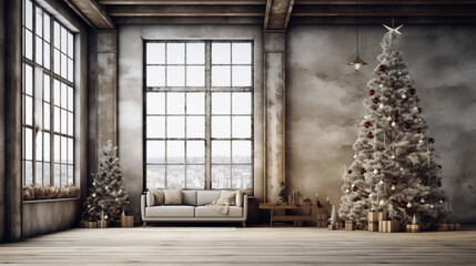 Christmas Living room home interior. Wall mock up background. Ai generated