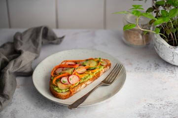 Toasted sourdough bread with avocado, radish, carrots and herbs for single serving. Avocado toast. Breakfast idea. Healthy food concept.