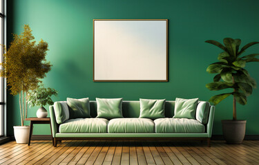 green living room with a big picture frame