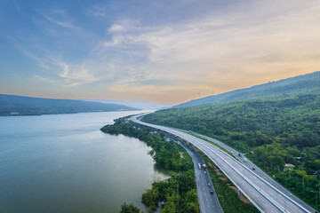 Topview from drone of motorway Mittraphap road, Nakhon Ratchasima, Thailand.