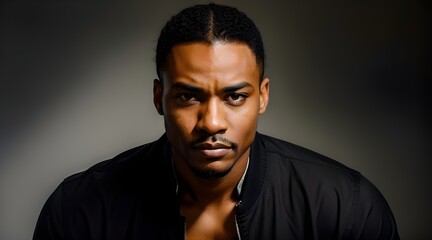 Fototapeta premium Portrait of a black man bust, black background, AI Generative
