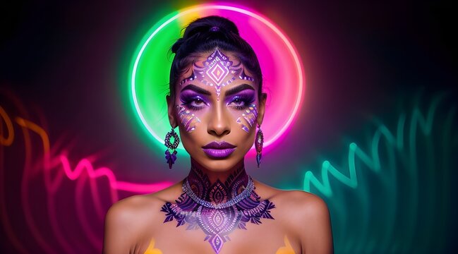 Art with this digital picture of a woman adorned with colorful make-up on her face, vibrant colorful background, generative ai