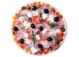 Pizza with salami and cheese isolated