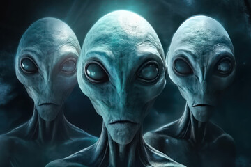 Group of three scary looking grey aliens with huge eyes staring into camera.  - 629992340