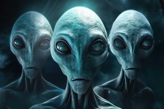 Group of three scary looking grey aliens with huge eyes staring into camera. 