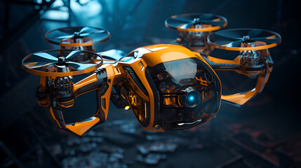 Futuristic Quadcopter Drone according to transportation concept with advanced security cameras. Generation Ai